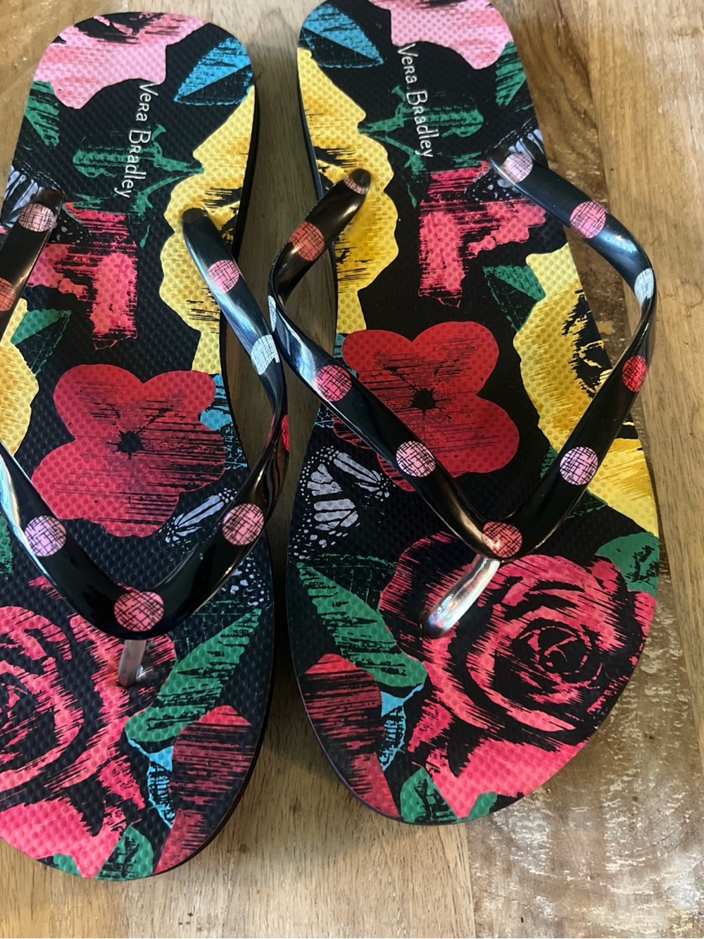 Vera Bradley Black Floral Print Flip Flops with Multicolor Roses - Picture 2 of 7